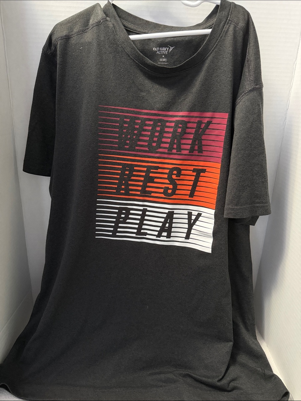 Old Navy Black Short-Sleeve Graphic Tee with Red-Orange-White Block Print
